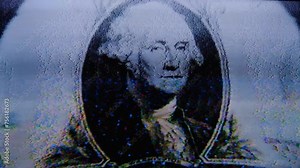 george washington glitching on a dollar bill, VHS type glitch effect