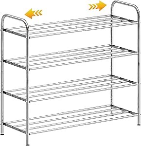 4-Tier Expandable Shoe Rack - Adjustable Width & 100% Stainless Steel | 4 Rods Per Tier | Adjustable Feet | Multi-Functional Metal Shelf for Closet, Stair Sides, Entryway, Heavy Duty (Silver)
