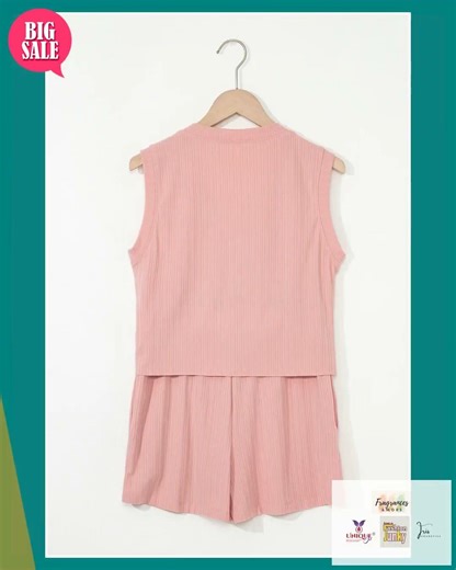 Gossamer Pink Ribbed Button V Neck Tank Top and Shorts Set