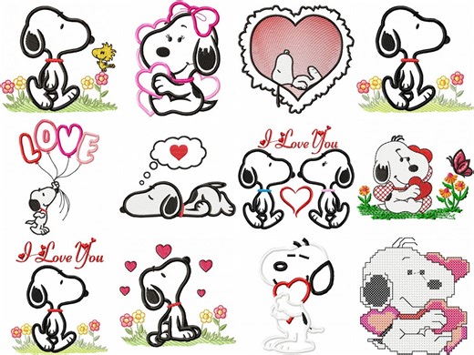 Snoopy Embroidery, Cartoon Dog Applique, Heart Love Embroidery, for Valentine’s Day, Instant Download - Etsy