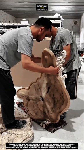 Pouring gypsum mold on construction site with practical working tool bucket