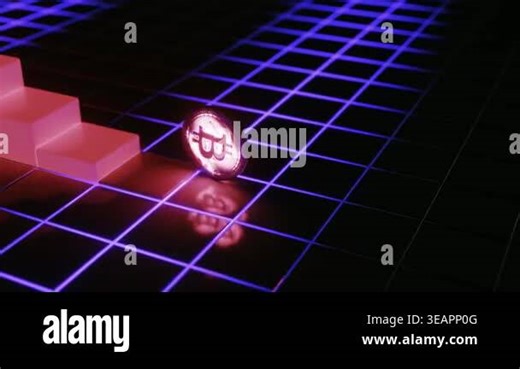 Red glowing bitcoin rolling down a staircase on a digital blue grid background, symbolizing the cryptocurrencys volatility, market crash, and financial crisis in the world of blockchain technology Stock Video Footage - Alamy