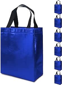 6 Royal Blue Gift Bags with Tissues - Medium Reusable, Sturdy, Glossy Metallic Non Woven 8x4x10 for Christmas, Parties, Birthdays & Graduations