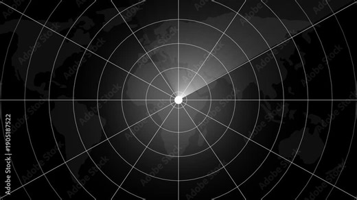 Dark circular radar map display with bright center highlight and global geographic outlines for high-tech military or weather tracking concepts
