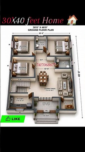 30x40 Feet House Plan | 2BHK Modern Home Design | 2D & 3D Floor Plan with Dimensions