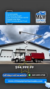🌲 2017 International 4300 Forestry Truck – 75’ Working Height! 🔧 Altec LR760-E70 Over-Center Elevator Boom 🪜 Single-Man Bucket | Over-Center Reach 💪 Cummins 6.7L Diesel | ONLY 64,841 LOW MILES! | Stock #4138 ⚙️ Automatic Transmission – Work Ready! 📍 Battle Creek, MI 49014 💰 $94,999.99 💸 Financing Available – Same-Day Approval! 📞 Call 269-209-5758 or 269-317-1997 🌐 mmequipmentautosales.com 📲 Follow us on Facebook ✅ Join our rapidly growing repeat customer list! Better Trucks. Better Pri