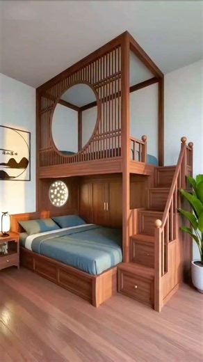 luxurydreamhub on Instagram: "Traditional elegance meets genius space-saving design! 🌙 Loving this stunning wooden loft bed with the circular accents and built-in storage stairs. Absolute bedroom goals! ✨🛏️ #LoftBed #TraditionalDesign #BedroomGoals #SpaceSaving #InteriorDesign #ModernWood #HomeAesthetic #Viral"