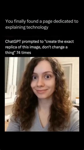 Technology Explained on Instagram: "Follow @explaining.tech to learn everything about technology one post at a time 🧠⚙️ When ChatGPT (using the DALL-E image model) is prompted to repeat an image 74 times, the result is often a fascinating degradation, not a perfect replica. This process highlights that AI models are not simple copy machines; they are complex, stochastic (randomly determined) algorithms. The key reason for the gradual change is the diffusion process. When the model generates an 
