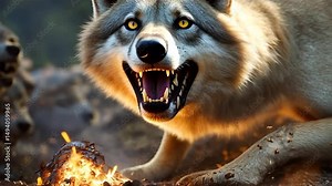 Close up of a snarling wolf with glowing eyes near fire other wolves in background. Dramatic lighting highlights fur and sharp teeth in a natural setting with blurred details.