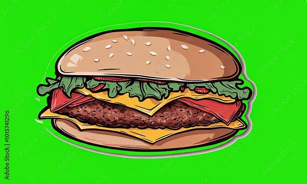 Cartoon illustration of a classic cheeseburger with lettuce, tomato, cheese, and a sesame seed bun.