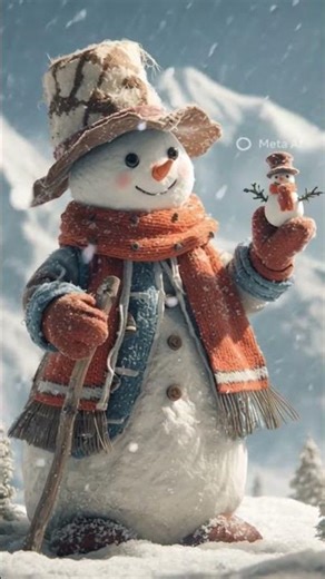 chrismtas character in snowy place looking at viewer saying hi in snowy landscape creatign a snowman