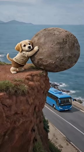 Puppy's Kindness: Pushing a Giant Stone on a Bus