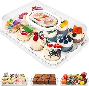 Cupcake Containers with Lid Rectangular Cake Carrier 3-in-1 Multipurpose Cupcake Holder for Muffins Pies Sweets Pastries Fruit or Snacks (White, 13" x 9" x 4")