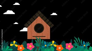 illustration of a bird house with decorative flowers and plants. An animated spring background with an alpha transparent background is good for spring backgrounds and educational footage for children