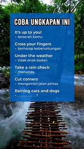 Idiom Challenge: Yang Terakhir Artinya Apa? Stop using boring phrases! Level up dengan idioms yang bikin kamu kedengeran native! 🔥 Essential English Idioms: ☝️ "It's up to you!" /ɪts ʌp tuː juː/ = Terserah kamu 🤞 "Cross your fingers" /krɒs jɔːr ˈfɪŋɡərz/ = Berharap keberuntungan ️ "Under the weather" /ˈʌndər ðə ˈweðər/ = Tidak enak badan ☂️ "Take a rain check" /teɪk ə reɪn tʃek/ = Menunda, next time ‍♂️ "Cut corners" /kʌt ˈkɔːrnərz/ = Mengambil jalan pintas Mystery Idiom: "Raining cats and dog