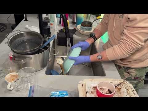 ASMR dish cleaning by hand | dishwashing gloves, soap sound
