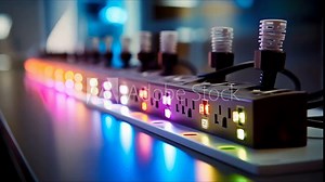 Closeup of a smart power strip with individual control switches for each outlet.