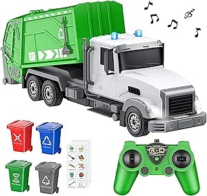 2.4Ghz Remote Control Garbage Truck Toys,1/24 RC Garbage Truck with 4 Trash cans 6 Channel Remote Control Waste Management Garbage Truck, 100pcs Garbage Sorting Cards, Gifts for Boys 3+
