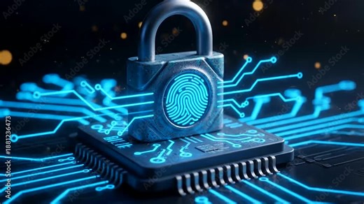 Glowing digital padlock with a fingerprint symbol rests on a powerful CPU, illustrating secure Biometric Identity Verification for advanced cybersecurity and data protection in a technological world.