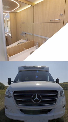 1.2K views · 13 reactions | The Unity Murphy Bed Lounge features a residential-style bathroom with a large corner shower, Corian® inset with integrated storage, LED accent lighting, and a skylight. https://leisurevans.com/unity/features/murphy-bed-lounge #ExploreWithUnity | Leisure Travel Vans | Facebook