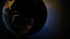 3D Rendering globe spinning and orbit in the universe with lighting effect and dark grain processed world map image source from NASA