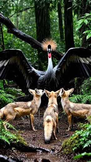 Fennec Fox vs Grey Crowned Crane on the a rain-lashed gallery forest with booming frogs