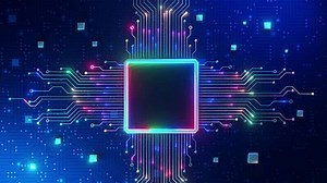 A vibrant neon microchip integrated into a complex digital circuit board, symbolizing high-tech electronics and computing.