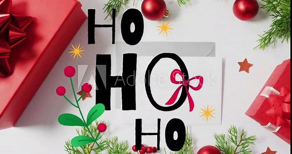 Animation of ho text over christmas gifts, greeting card and decorations on white surface