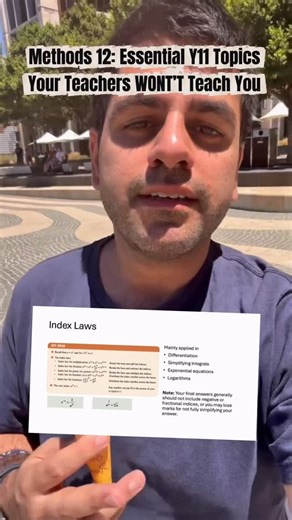 Elite Tutoring Perth | ATAR Chemistry, Physics, Maths on Instagram: "Essential Year 11 Methods topics you need for Year 12 Methods 📚 These are often assumed knowledge, but they keep showing up in tests, semester exams and WACE exams. 1. Index laws 🔢 Once you know the differentiation rules, index laws are often what make questions harder. 2. Simplifying surds ✏️ Used when simplifying answers and in ‘show that’ parts of optimisation problems (often part i in WACE optimisation questions). 3. Trig