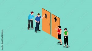 Queue To Toilet, People Waiting At Wc Door Stand In Line