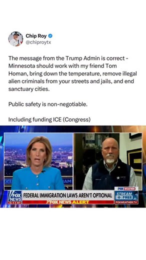 Chip Roy on Instagram: "The message from the Trump Admin is correct - Minnesota should work with my friend Tom Homan, bring down the temperature, remove illegal alien criminals from your streets and jails, and end sanctuary cities. Public safety is non-negotiable. Including funding ICE (Congress)"
