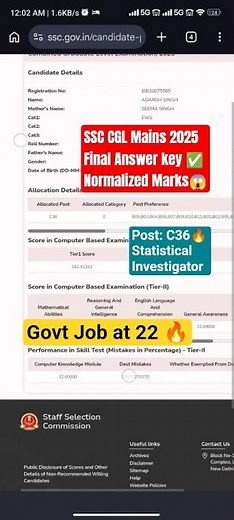 SSC CGL MAINS SCORE CARD 2025 | FINAL RESULT 🔥 NORMALIZED MARKS 🎯 CUT OFF #ssc #ssccgl #shorts #cgl