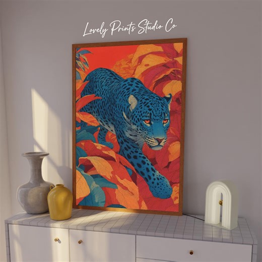 Blue Leopard Print, Red Jungle Wall Art, Exotic Big Cat Poster - Etsy