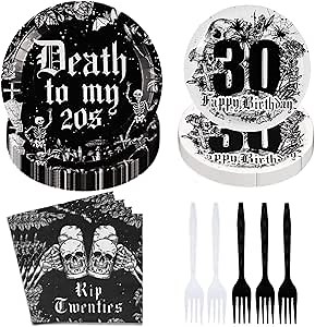 96Pcs 30th Birthday Party Decorations for Funeral for My Youth Serves 24 | Death to My 20s Plates and Napkins Disposable Rip Twenties Paper Tableware for 30 Years Old Birthday Party Decorations