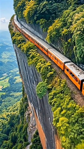 A train rides smoothly across a high bridge, surrounded by beautiful mountains and clear blue water.