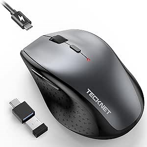 TECKNET Wireless Mouse Jiggler, USB-C Rechargeable Mouse, Silent Mouse with USB-C Adapter, 6400 DPI Ergonomic Mouse, Build-in Mouse Mover, 2.4G Computer Mice for Mac, Laptop, Desktop, PC