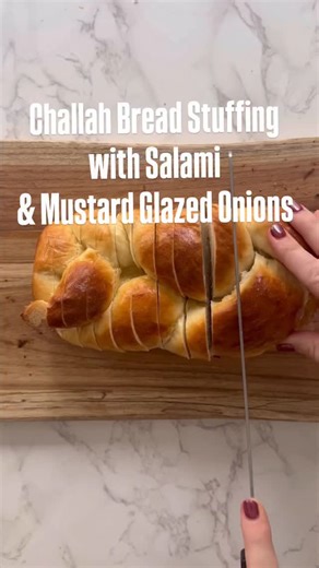 Mandy Silverman | Challah Bread Baking & Recipes on Instagram: "Anyone else up late thinking about Thanksgiving? What about salami? What about challah? No? Is that just a me thing? This is why I have weird dreams. This challah stuffing is epic because it steps you outside your usual herby stuffing comfort zone, and pushes you into a whole new world of carb possibilities! Also, mustard glazed onions are amazing. Also, it’s insanely delicious. Also, you need to save this recipe!!! Salami Stuffing: