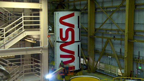 Time-Lapse Of Artemis 2 Rocket Booster Having The NASA Worm Logo Painted