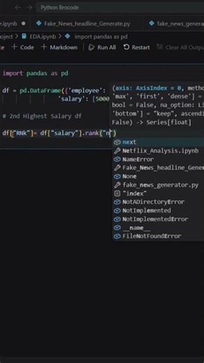 Find 2nd Highest Salary in 60 seconds #dataanalyst #python #pandas #coding