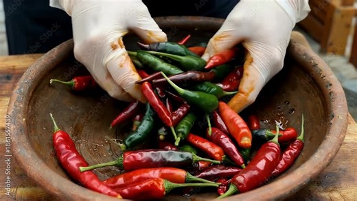 Une prise 4K détaillée d’un mélange de piments secs dans un plat en terre cuite comprenant du guajillo du chile de árbol et d’autres variétés essentielles à la cuisine