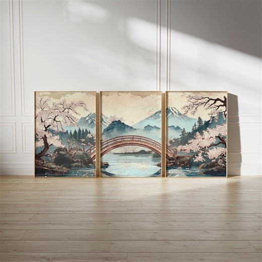 Japandi Printable Wall Art Set of 3 – Japanese Woodblock Bridge & Cherry Blossom Scene | Digital Download Landscape | Asian Decor Artwork - Etsy