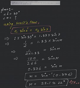 Sunlight enters the water at an angle of 30 degrees from the no... | Filo