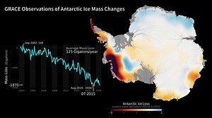 The Antarctic Ice Sheet's mass has changed over the last several years. Research based on observations from NASA’s twin NASA/German Aerospace Center’s twin Gravity Recovery and Climate Experiment (GRACE) satellites indicates that between 2002 and 2016, Antarctica shed approximately 125 gigatons of ice per year, causing global sea level to rise by 0.35 millimeters per year. These images, created with GRACE data, show changes in Antarctic ice mass since 2002. Orange and red shades indicate areas t