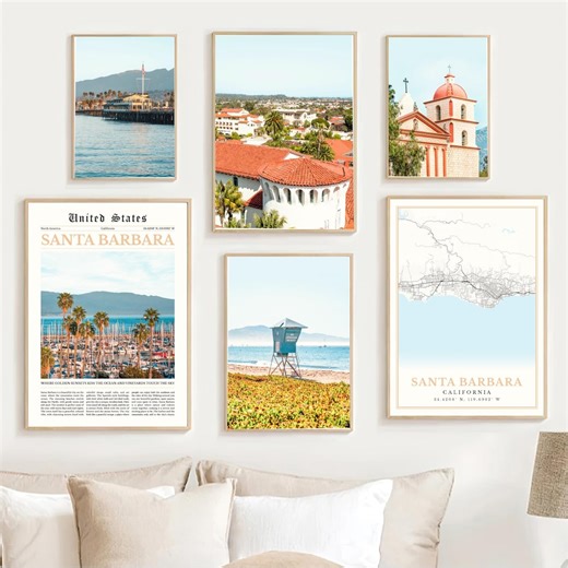 Santa Barbara Print Set Of 6, Digital Santa Barbara Map Decor, CA Travel Poster Gifts, California Coastal Photography, Beach Town Wall Art