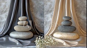 Two stacks of smooth, gray stones are carefully balanced on fabric, creating a simple and serene scene