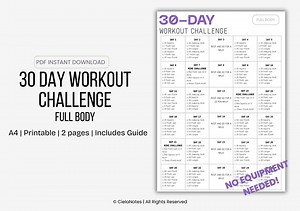 30 Day Workout Challenge Printable PDF Home Workout Plan No Equipment Full Body 30-day Fitness Program Weight Loss Planner Exercise Guide - Etsy