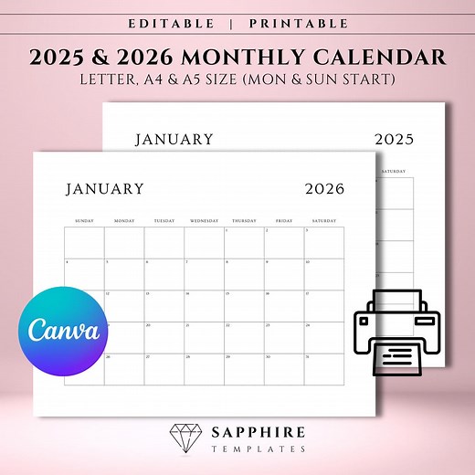 EDITABLE 2025 2026 Calendar Printable Template, Canva Monthly Calendar PDF, Minimalist Monthly Planner, Letter A4 A5 Landscape Printable - Etsy