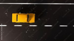 Top view of a Yellow taxi cab on the road CGI animation with snow.