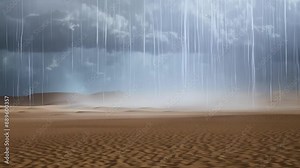 The powerful force of rain hitting the sandy desert floor during a ferocious thunderstorm.