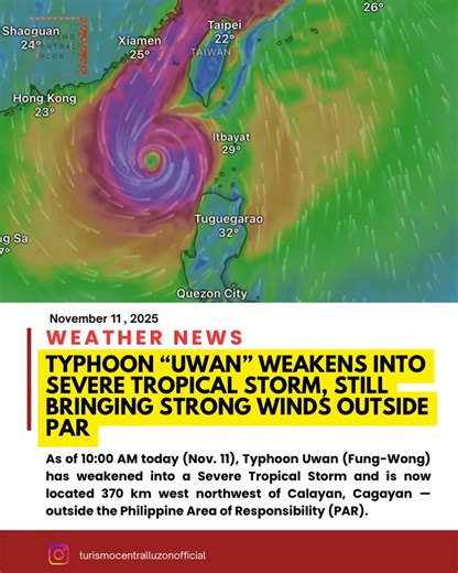 LOOK: TYPHOON “UWAN” WEAKENS INTO SEVERE TROPICAL STORM, STILL BRINGING STRONG WINDS OUTSIDE PAR As of 10:00 AM today (Nov. 11), Typhoon Uwan (Fung-Wong) has weakened into a Severe Tropical Storm and is now located 370 km west northwest of Calayan, Cagayan — outside the Philippine Area of Responsibility (PAR). 🔹 Maximum winds: 110 km/h 🔹 Gustiness: Up to 135 km/h 🔹 Movement: North northwest at 10 km/h 🔹 Wind reach: Storm-force winds extend up to 550 km from the center ⸻ TROPICAL CYCLONE WIND